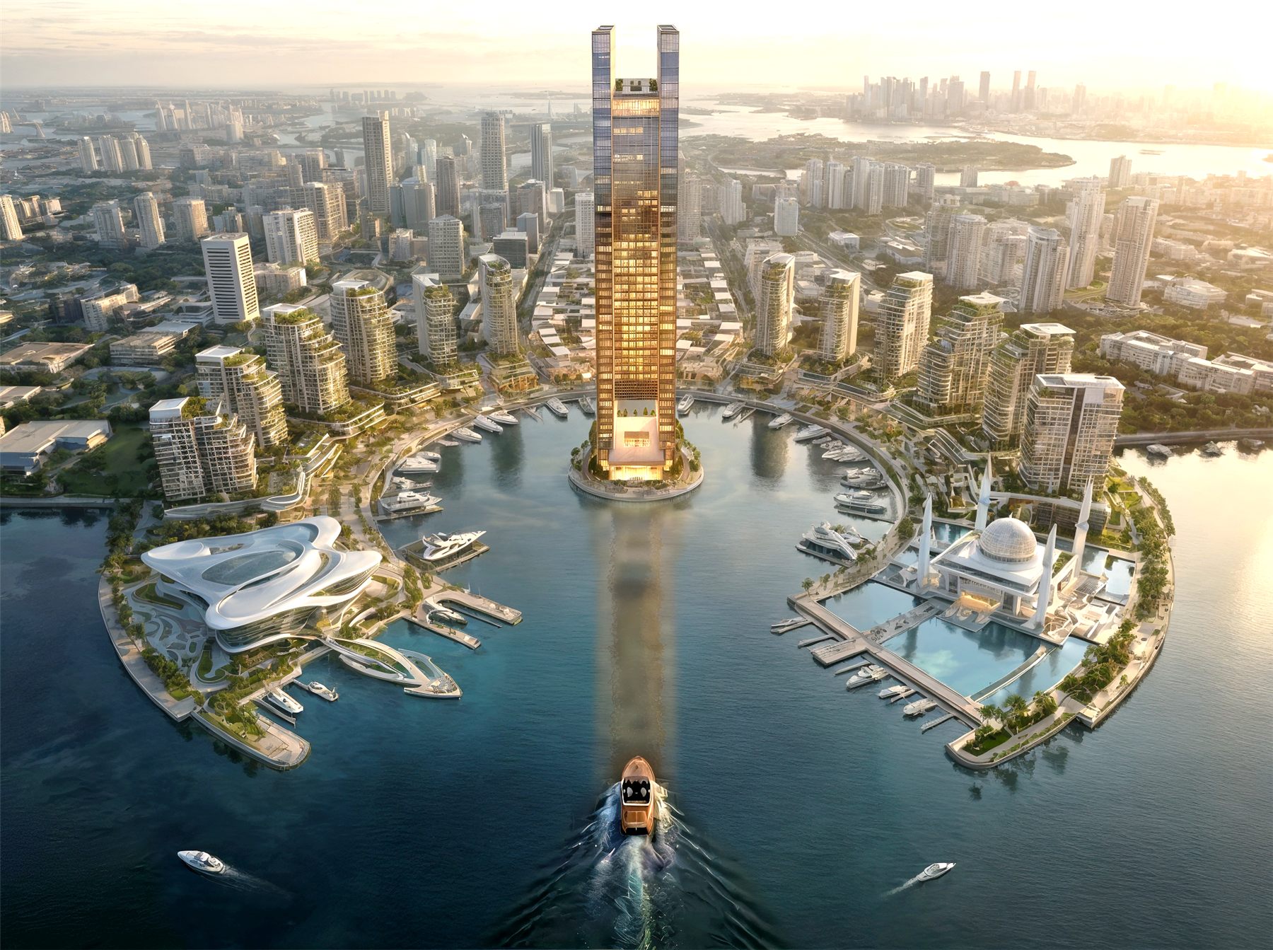Aerial render of a waterfront city district with a central tower and marina